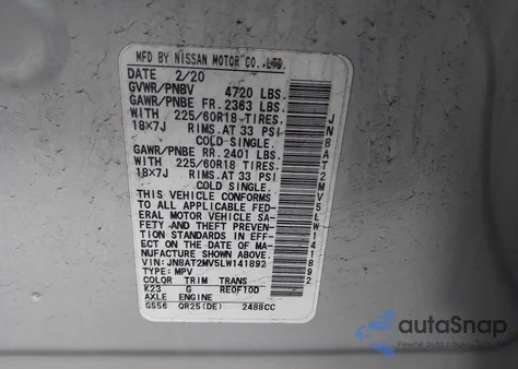 2020 Nissan Rogue Sv Intelligent Awd z USA, uszkodzony, nr VIN JN8AT2MV5LW141892